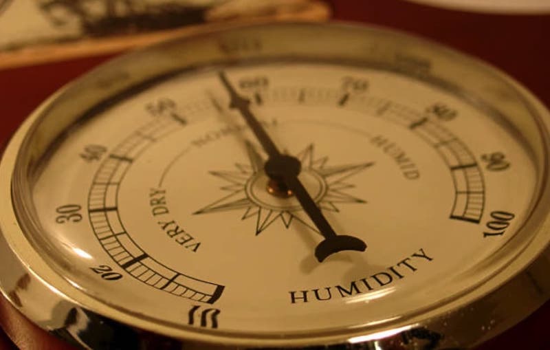 A hygrometer showing humidity levels