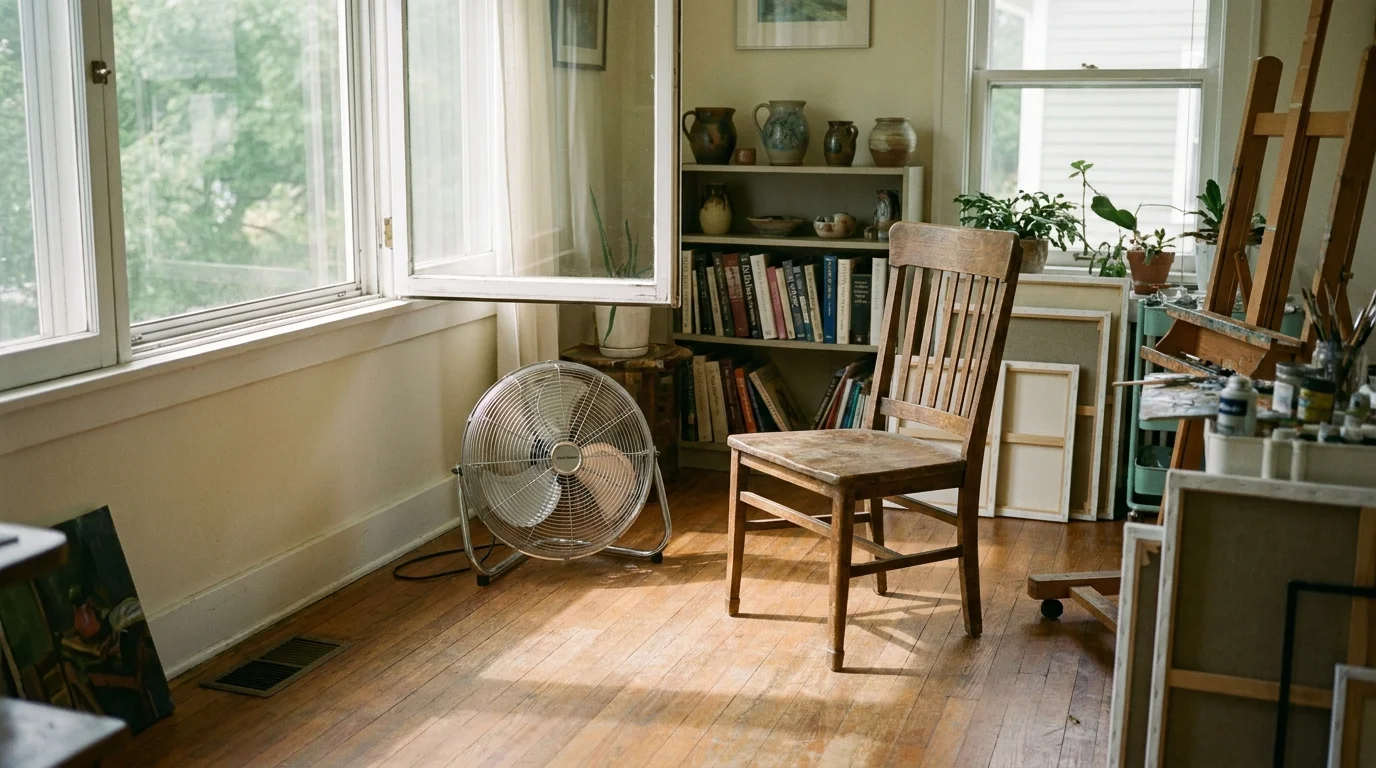 A bright art studio with an open window and a floor fan positioned to circulate air away from the painting desk.