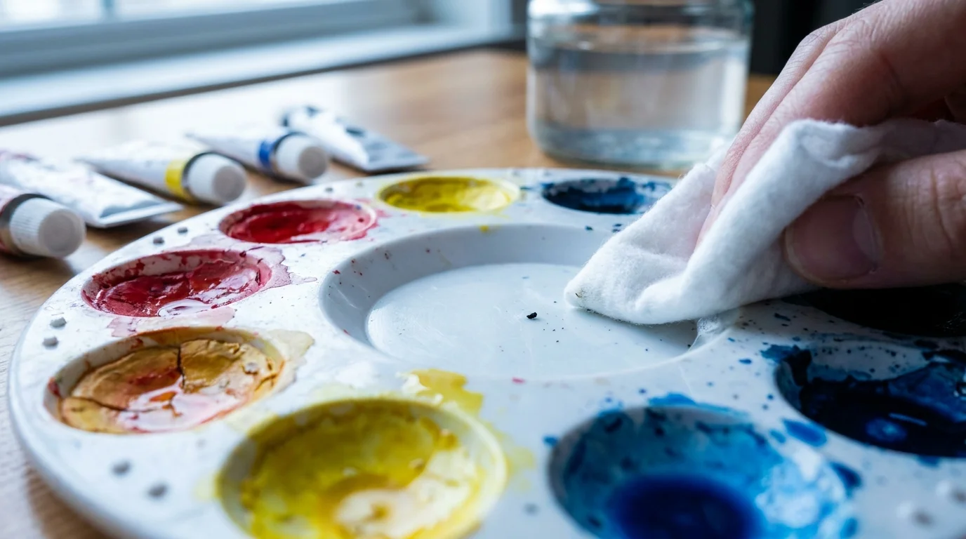 A close-up photograph of a hand using a white cloth to clean a watercolor palette filled with colorful paints.