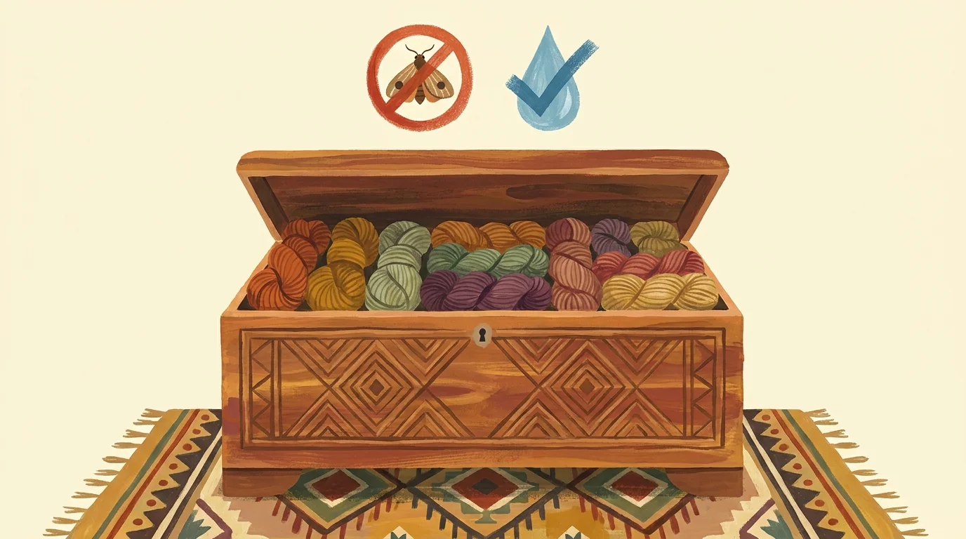 A colorful gouache illustration of a cedar chest filled with organized yarn, showing symbols for moth and moisture protection.