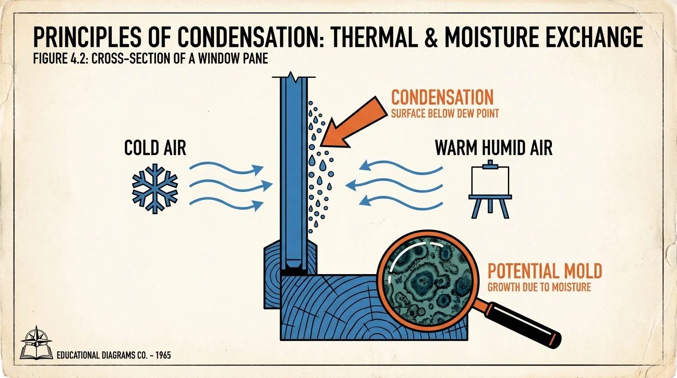 A cross-section diagram showing how warm humid air creates condensation on a cold window pane, risking mold growth.