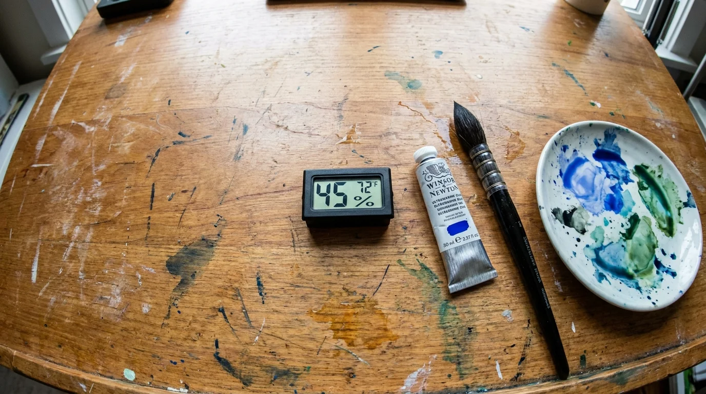 A digital hygrometer on a wooden desk displays 45 percent humidity next to a tube of blue watercolor paint and a brush.