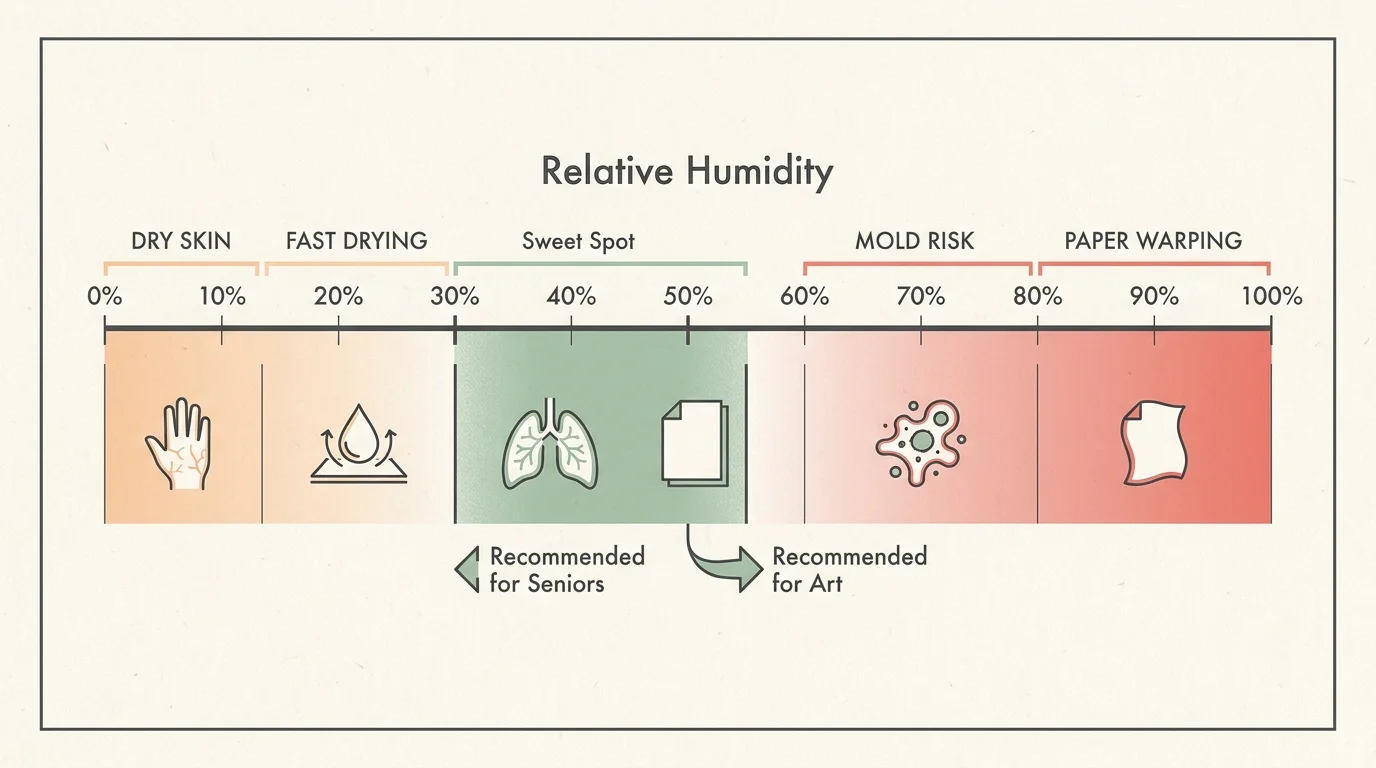 A horizontal humidity scale showing the ideal 30-50 percent range for health and watercolor painting, with warnings for high and low levels.