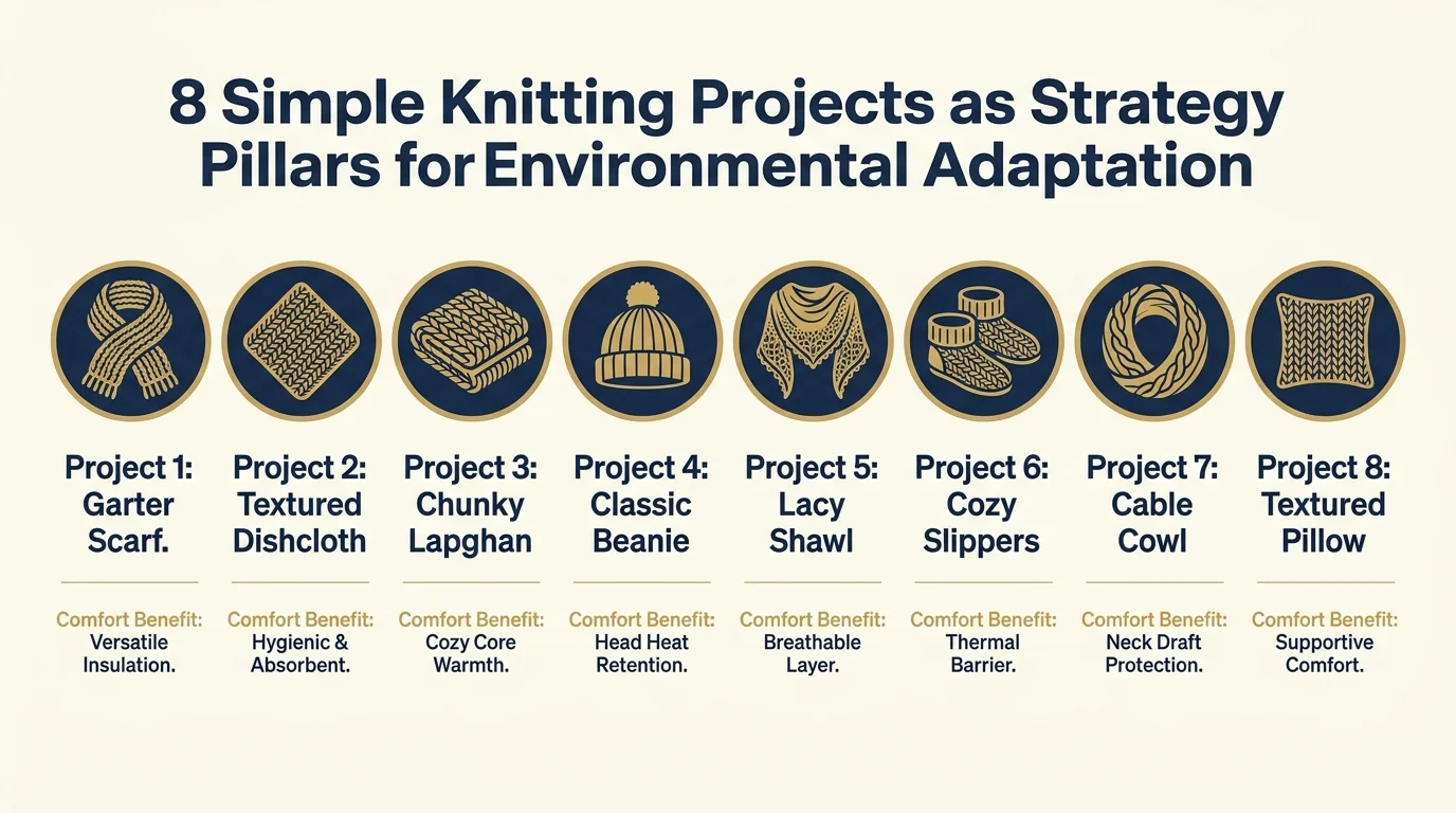 A horizontal infographic showing icons and labels for eight knitting projects, including a scarf, lapghan, slippers, and pillow cover.