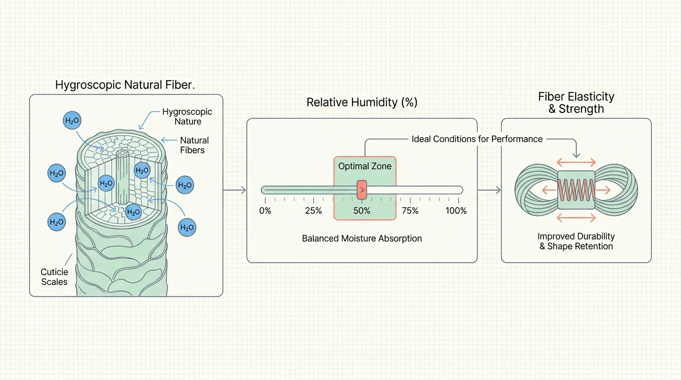 A minimalist diagram showing a wool fiber absorbing water molecules and a humidity scale highlighting the optimal 45-55% range.
