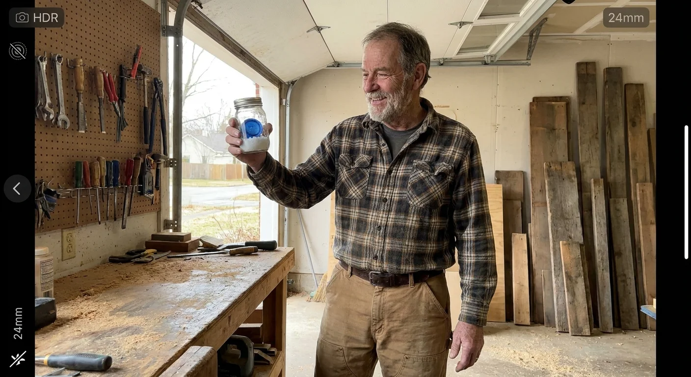 A senior man in a workshop holding a homemade salt-test calibration jar for his hygrometer.