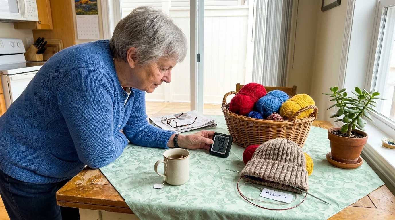 A senior woman at a sunlit kitchen table checking a digital humidity monitor next to her knitting basket and a cup of tea.