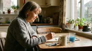 A senior woman in a grey cardigan sits at a sunlit wooden table painting with watercolors, surrounded by brushes and paint tubes.