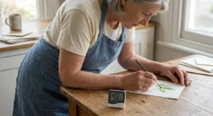 A senior woman painting watercolors at a kitchen table with a digital hygrometer nearby showing 48% humidity.