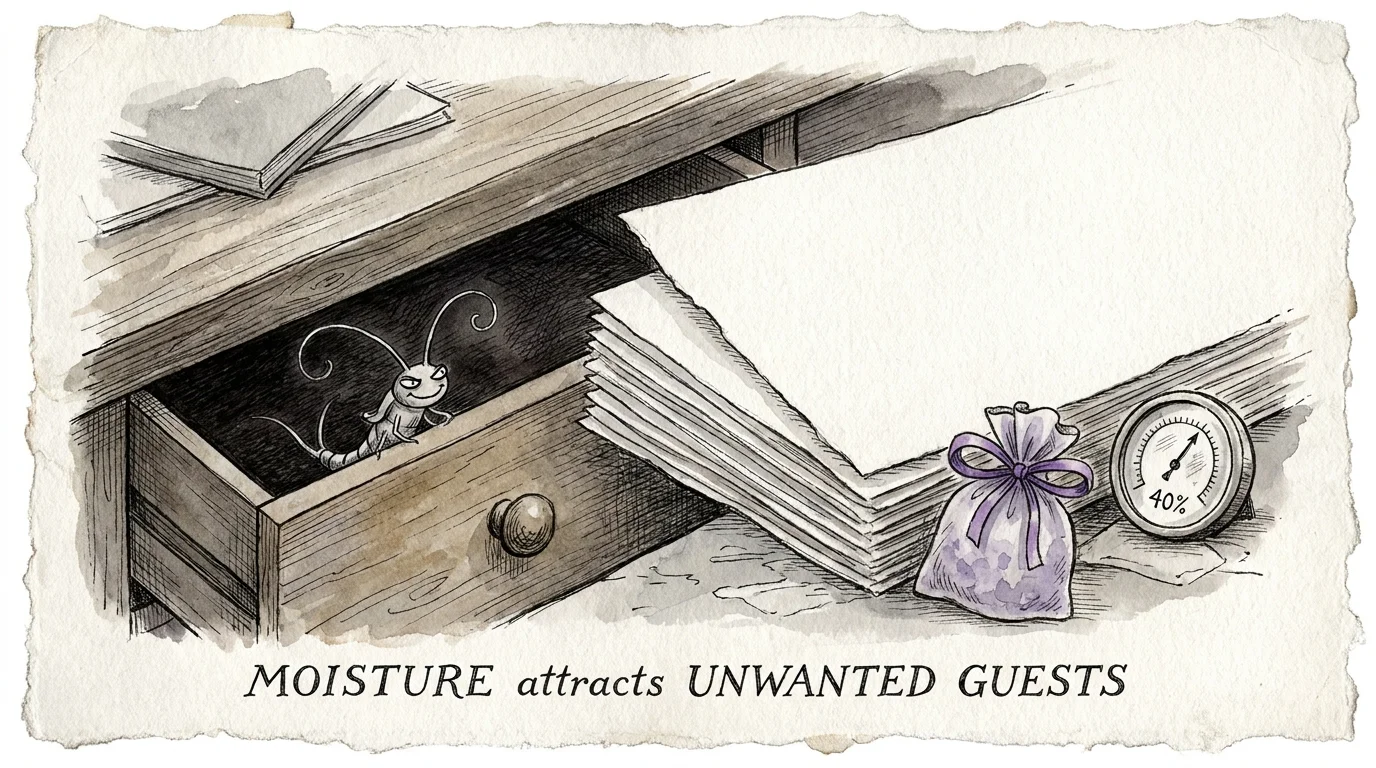 A stylized ink and watercolor drawing of a silverfish insect near a stack of art paper, emphasizing the need for moisture control.