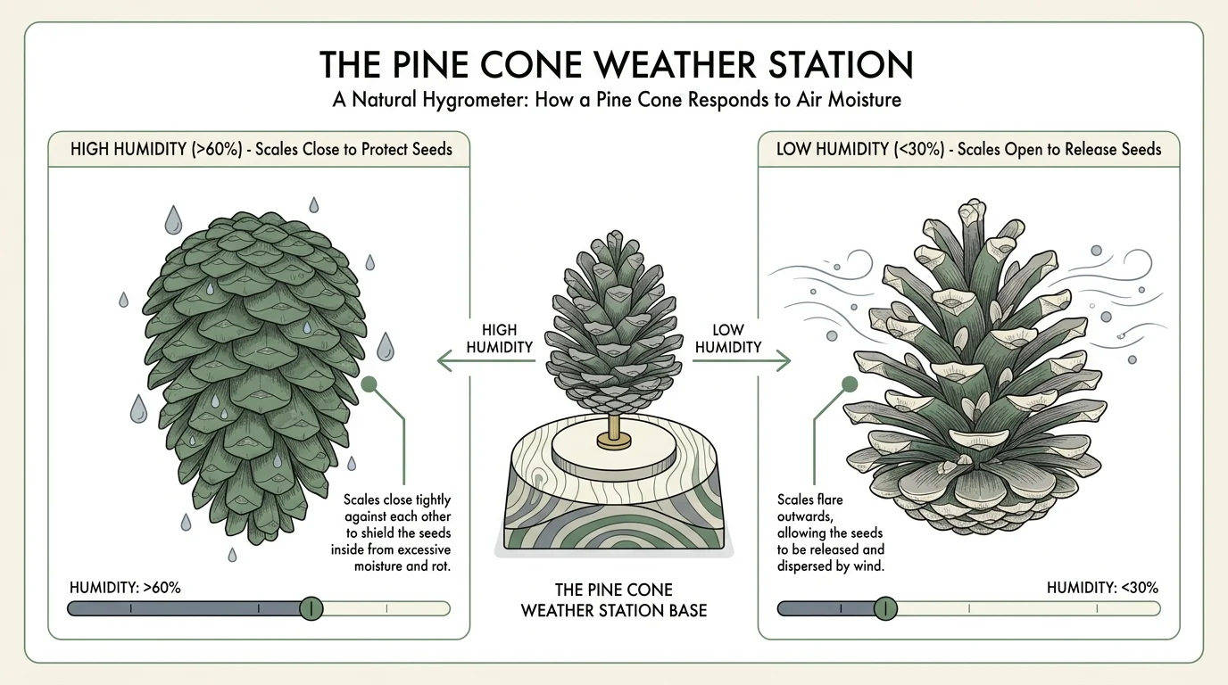A two-panel diagram showing how a pine cone opens in low humidity and closes in high humidity.