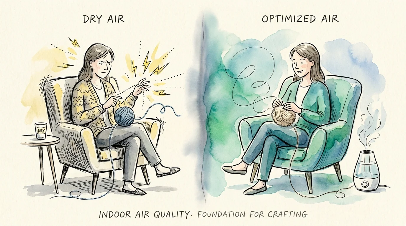 A watercolor illustration showing a knitter experiencing static sparks in dry air on one side and smooth, comfortable crafting on the other.