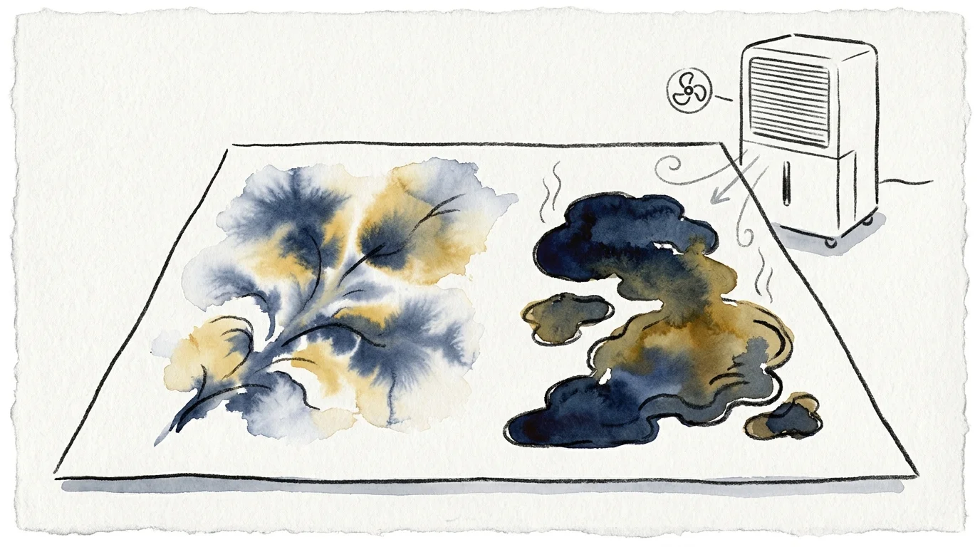 A watercolor illustration showing paint blooming softly on one side and pooling muddily on the other, representing humidity's effects.
