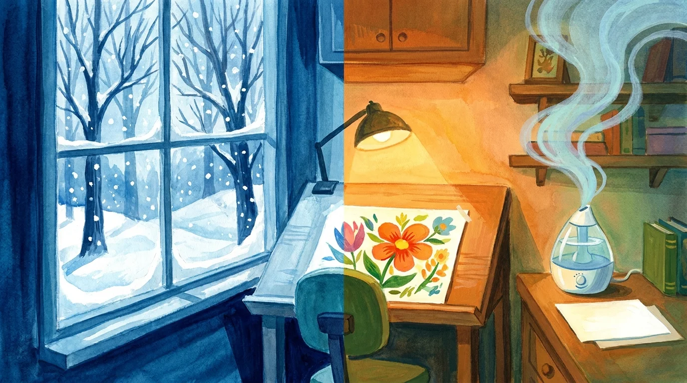 An illustration of a warm indoor art studio with a humidifier, contrasted against a snowy winter scene outside the window.