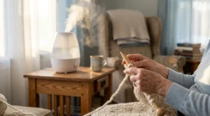 Close-up of a senior's hands knitting a chunky cream blanket with wooden needles in a warm, sunlit room with a humidifier misting nearby.