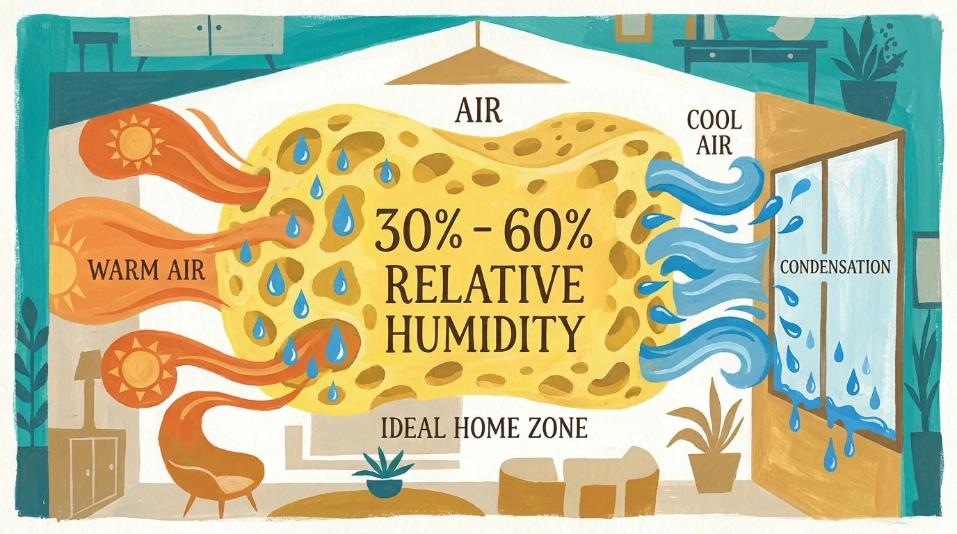 Gouache illustration of a house as a sponge, showing how air expands and contracts with humidity levels.