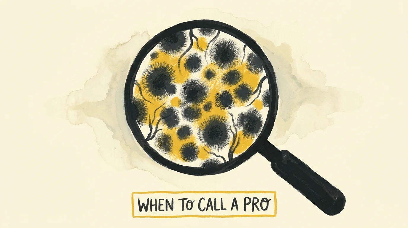 Gouache illustration of a magnifying glass over mold spots on a wall, labeled 'When to call a pro'.