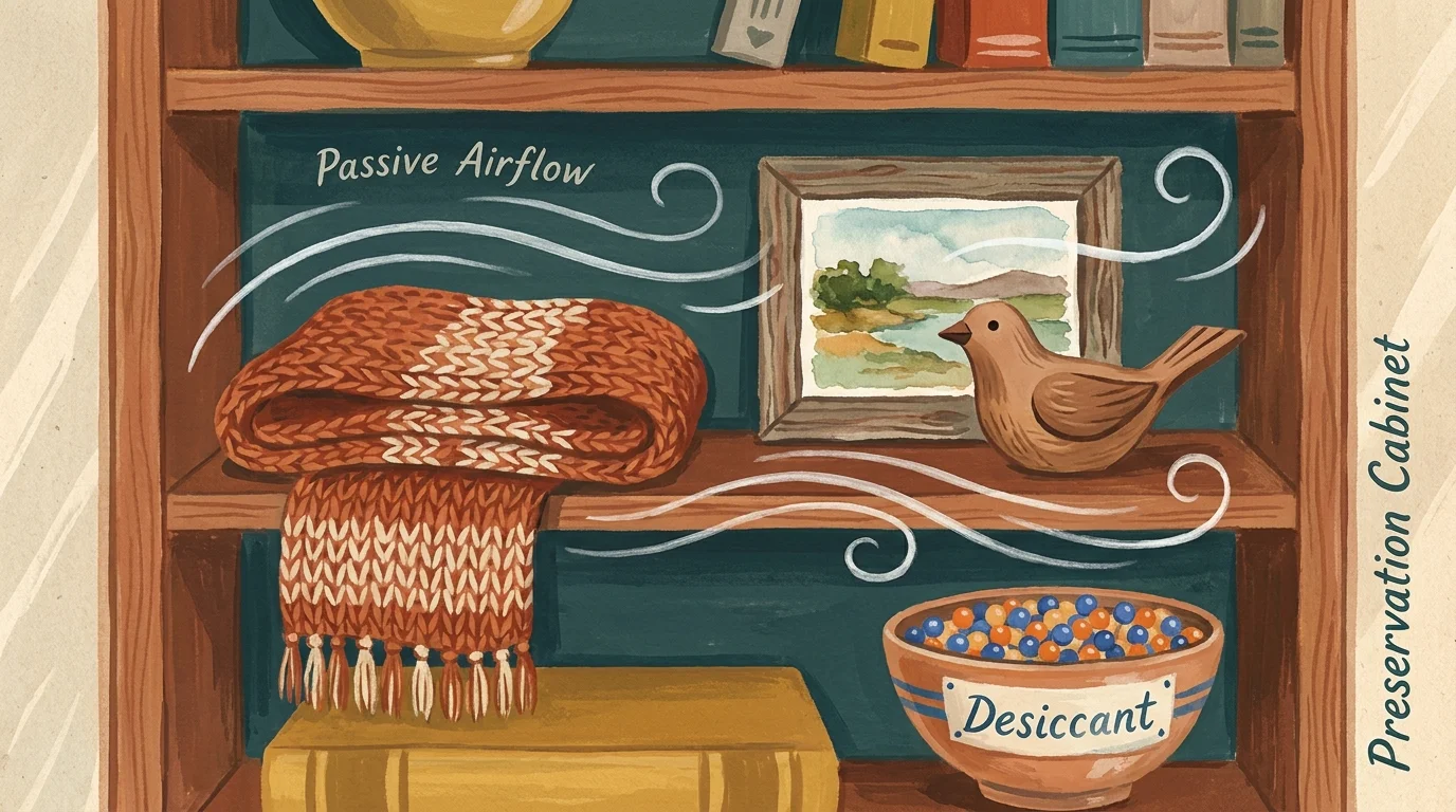 Gouache painting of a shelf containing various crafts like knitting and woodcarvings, showing air circulating around them.