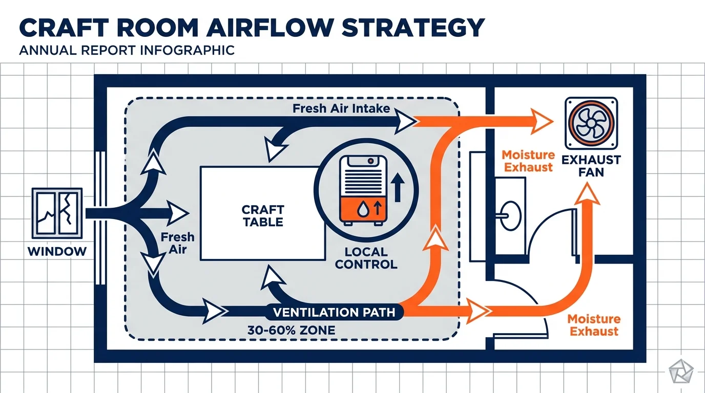 Infographic diagram of a craft room floor plan showing proper ventilation paths and dehumidifier placement.