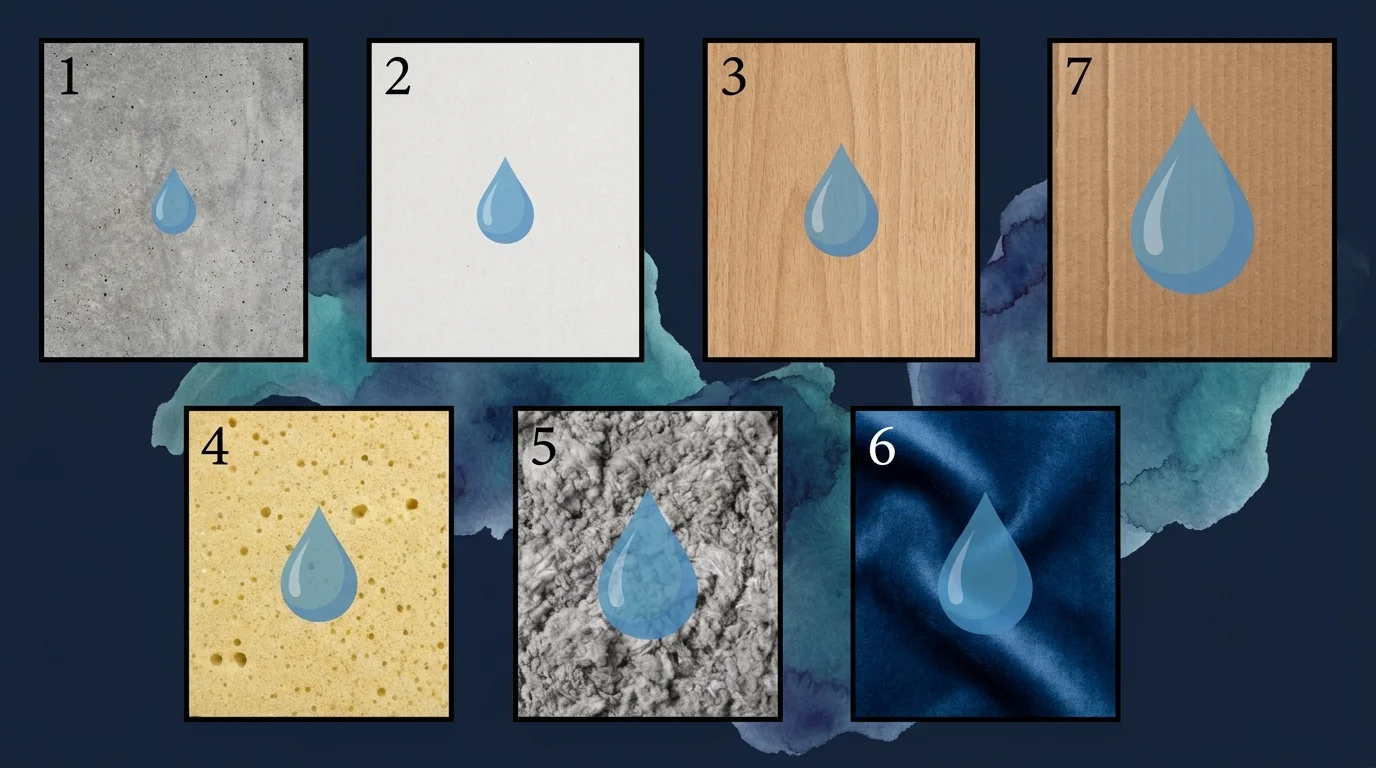 A 7-panel grid showing textures of concrete, drywall, MDF, carpet, insulation, fabric, and cardboard.