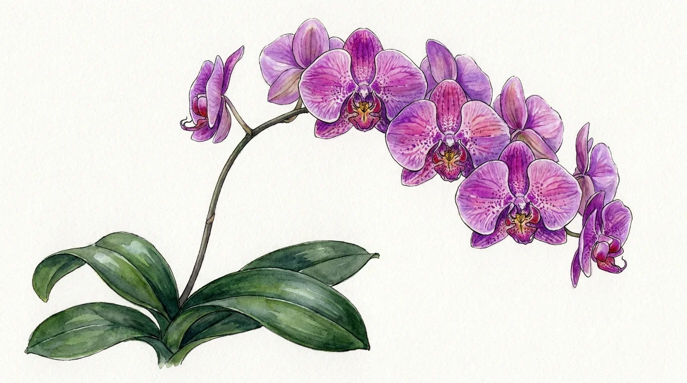 A beautiful purple orchid illustration, showing the delicate flowers and thick green leaves that absorb moisture.