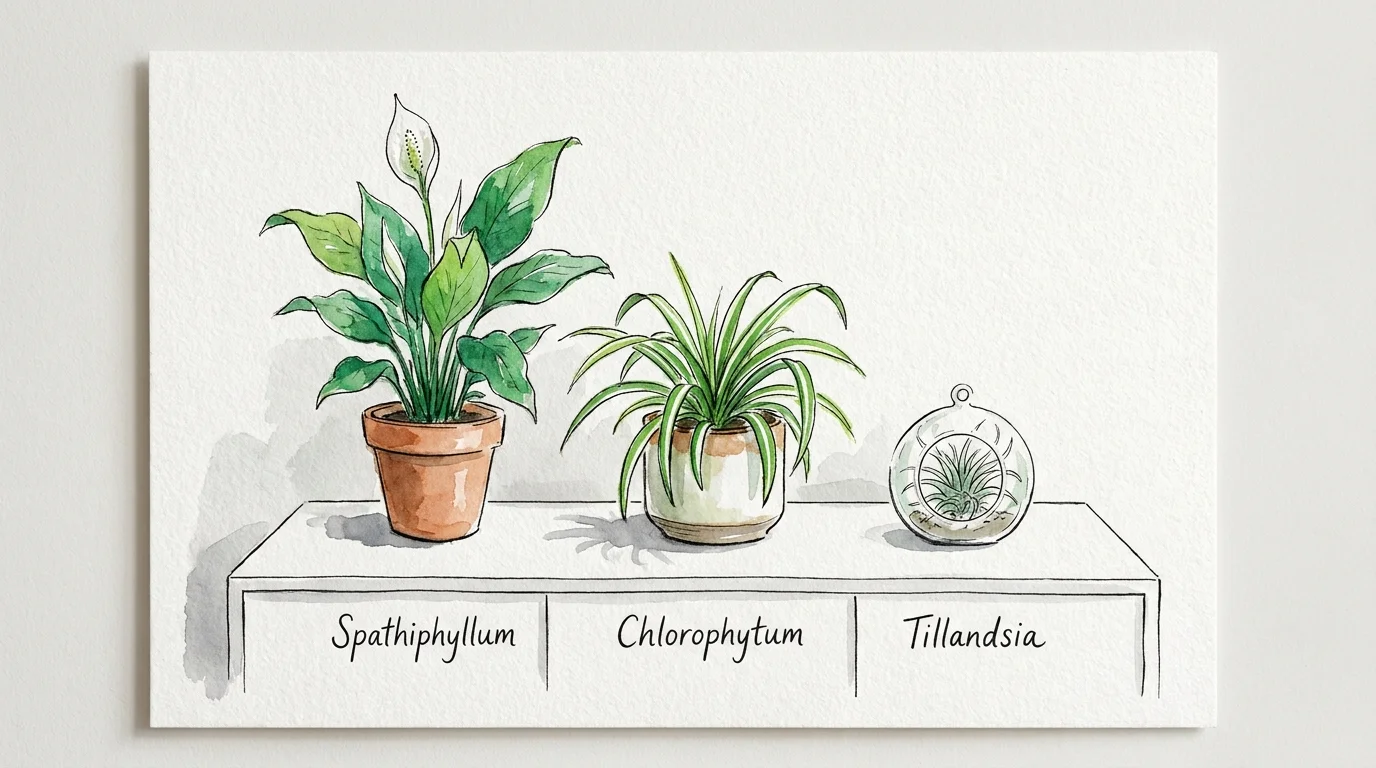 A beautiful watercolor illustration featuring a Peace Lily, Spider Plant, and Air Plant arranged together as natural dehumidifiers.