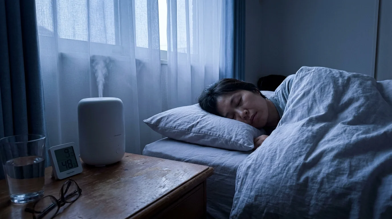 A bedroom scene showing a humidifier and hygrometer on a nightstand while someone sleeps peacefully.