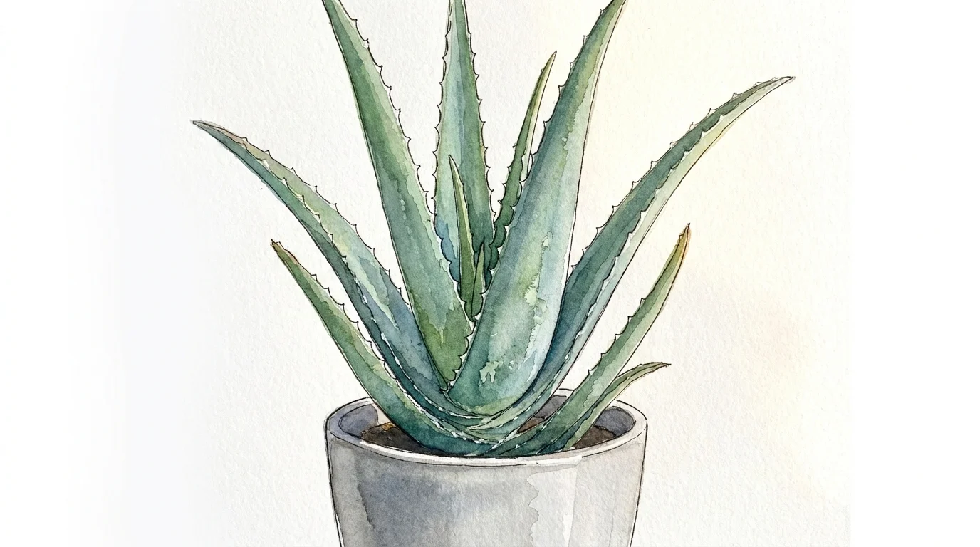 A botanical watercolor painting of a sturdy Aloe Vera plant with thick, pointed succulent leaves.