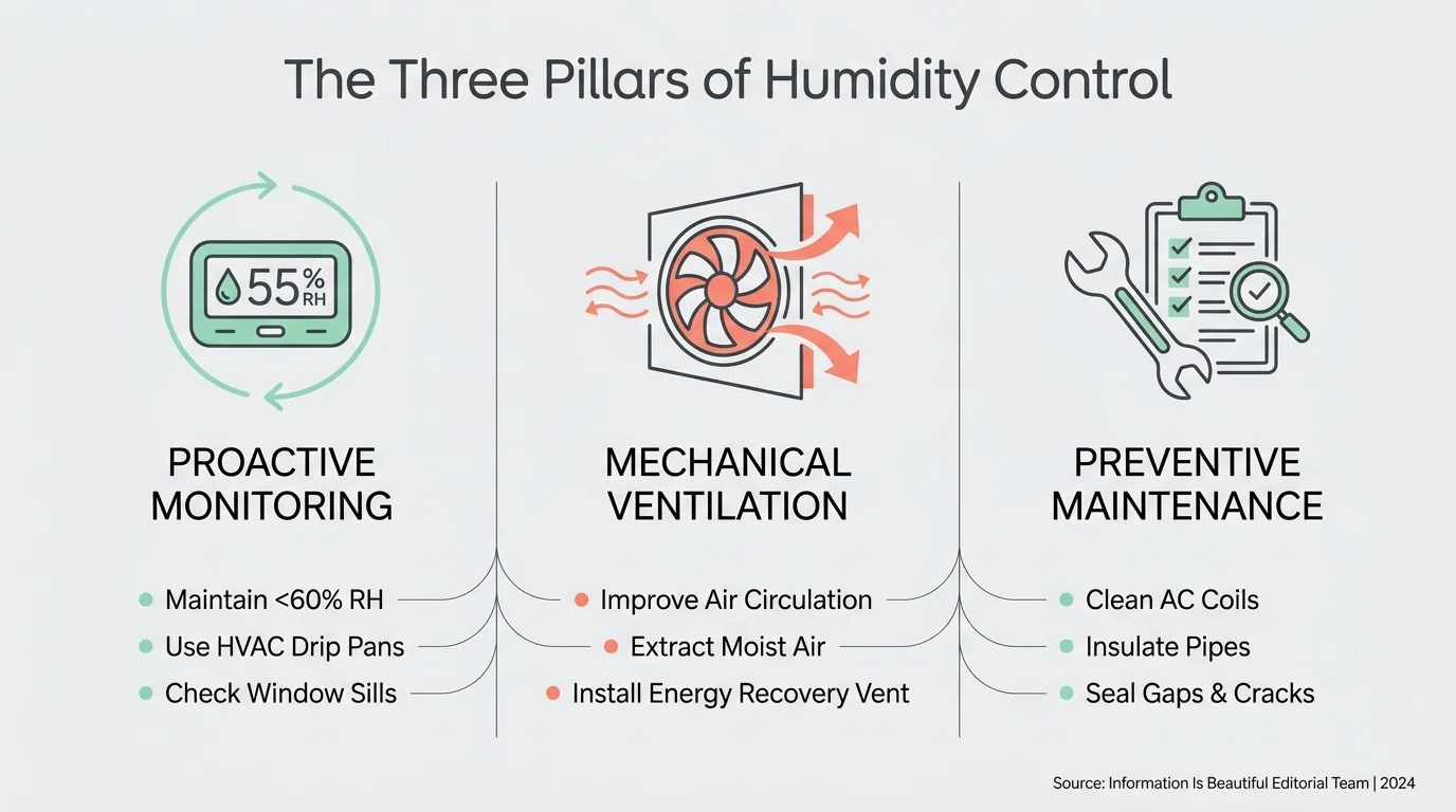 A clean editorial diagram showing three columns labeled Monitoring, Ventilation, and Maintenance.