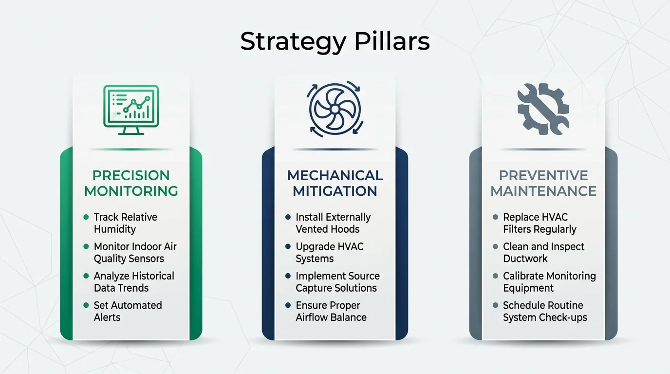A clean infographic showing the three pillars of home air quality: Monitoring, Mitigation, and Maintenance.