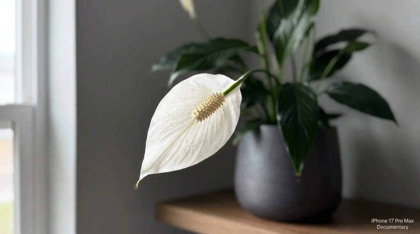 A close-up horizontal shot of a white peace lily flower against dark green leaves.
