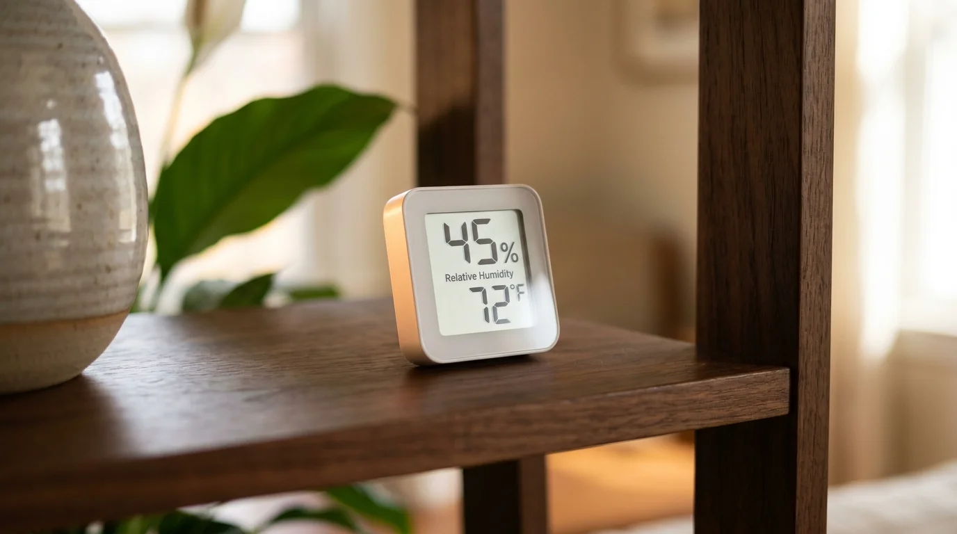 A close-up of a digital hygrometer on a shelf reading 45% humidity, representing precise home monitoring.