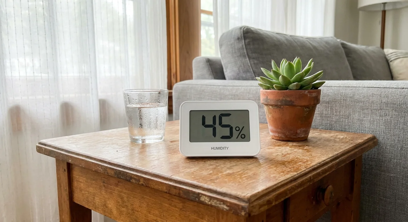 A close-up of a digital hygrometer on a wooden table displaying 45 percent humidity next to a houseplant.