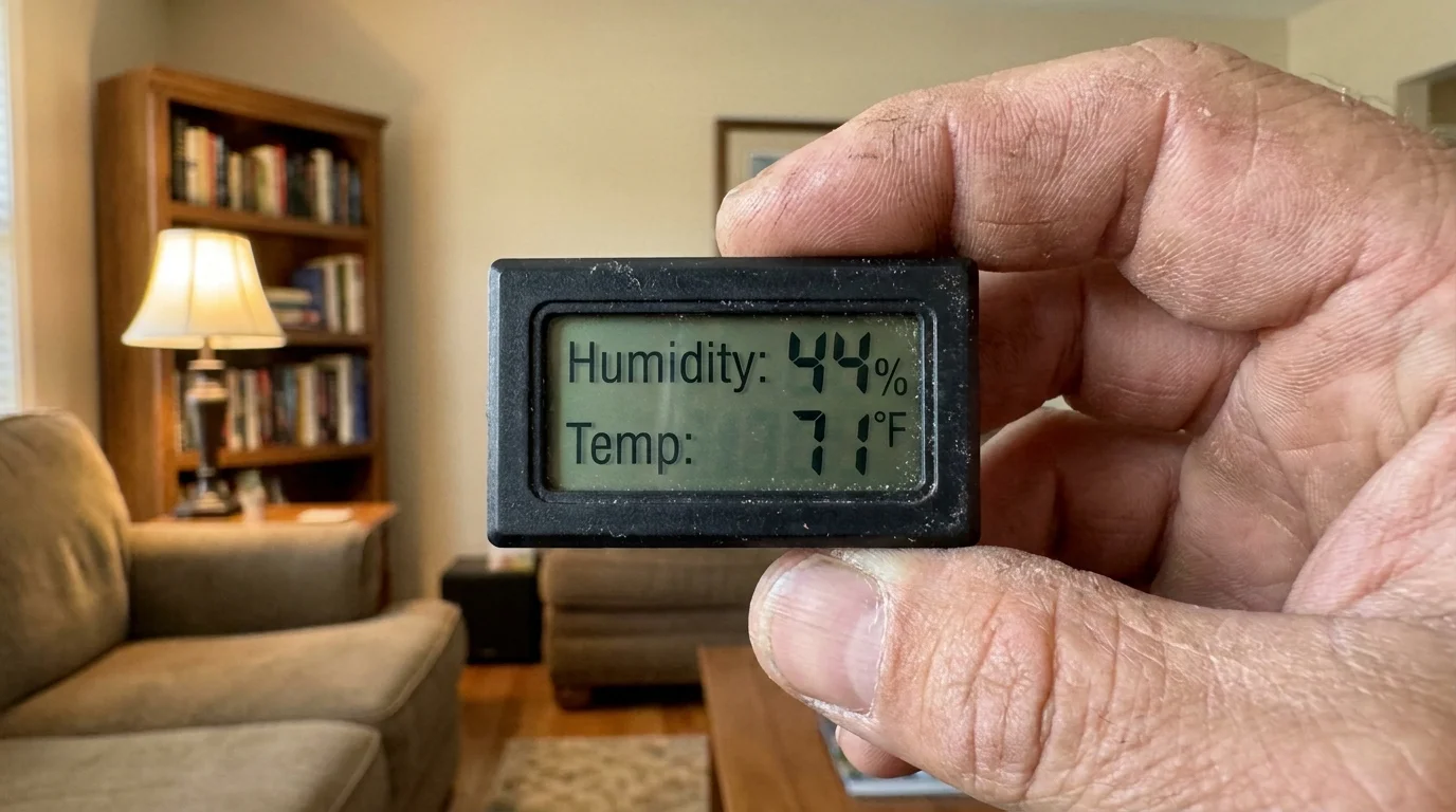 A close-up of a hand holding a digital hygrometer that reads 44 percent humidity.
