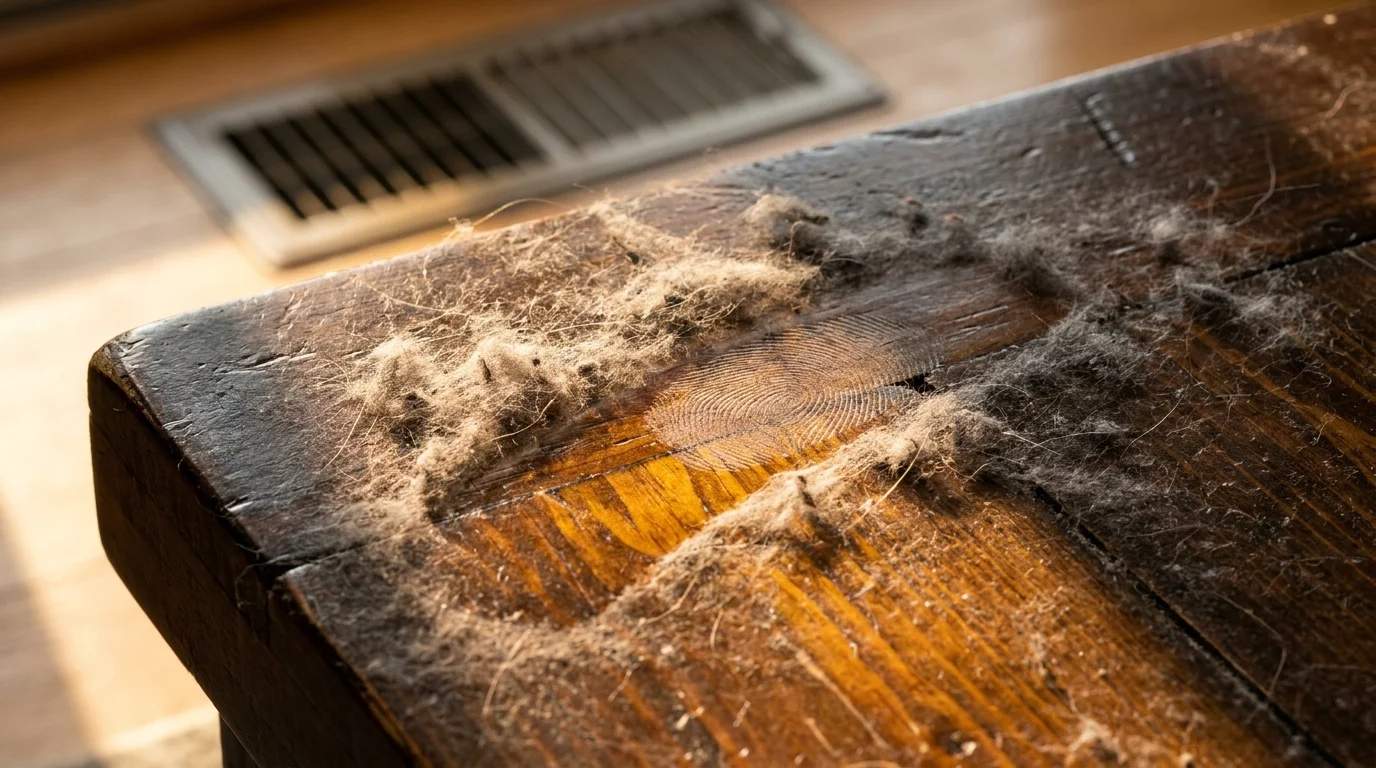 A close-up of a thick layer of dust on a dark wooden table with a finger swipe through the middle.