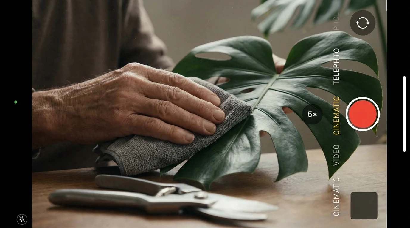 A close-up of hands cleaning a large green plant leaf with a soft cloth.