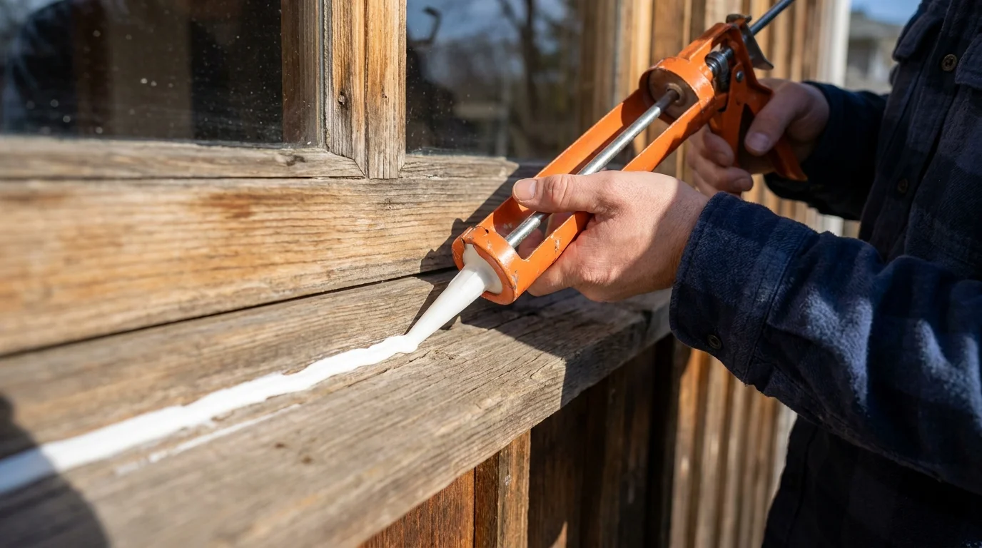 A close-up photo of a person applying sealant to a window frame to prevent moisture intrusion.