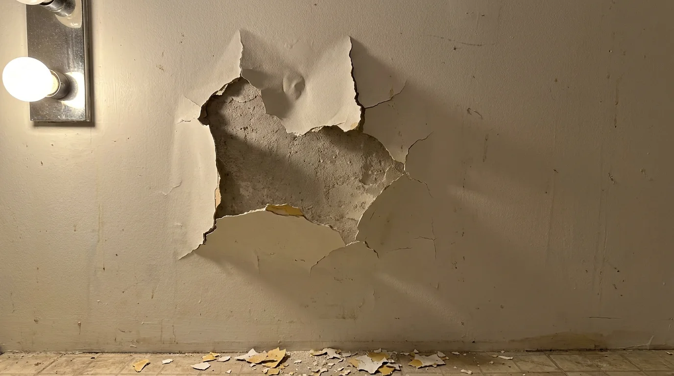 A close-up photo of white paint bubbling and peeling off a wall due to moisture pressure from behind.