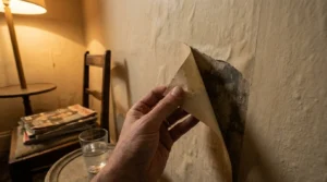 A close-up photograph of a hand peeling back damp wallpaper to reveal a dark moisture stain on the wall underneath.