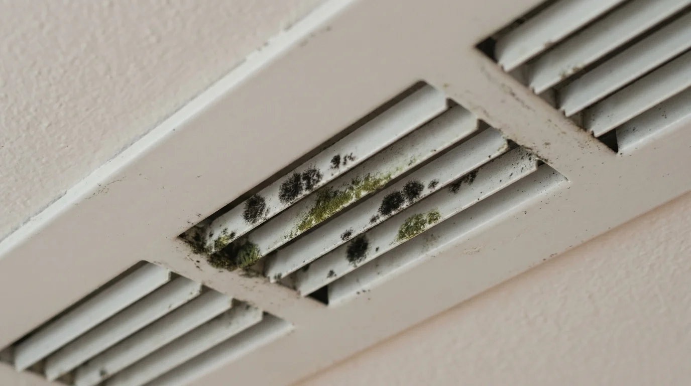 A close-up photograph of mold and biological growth forming on the slats of an air conditioning vent.