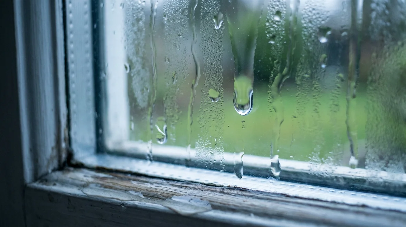 A close-up photograph of thick water droplets and condensation on a window pane.