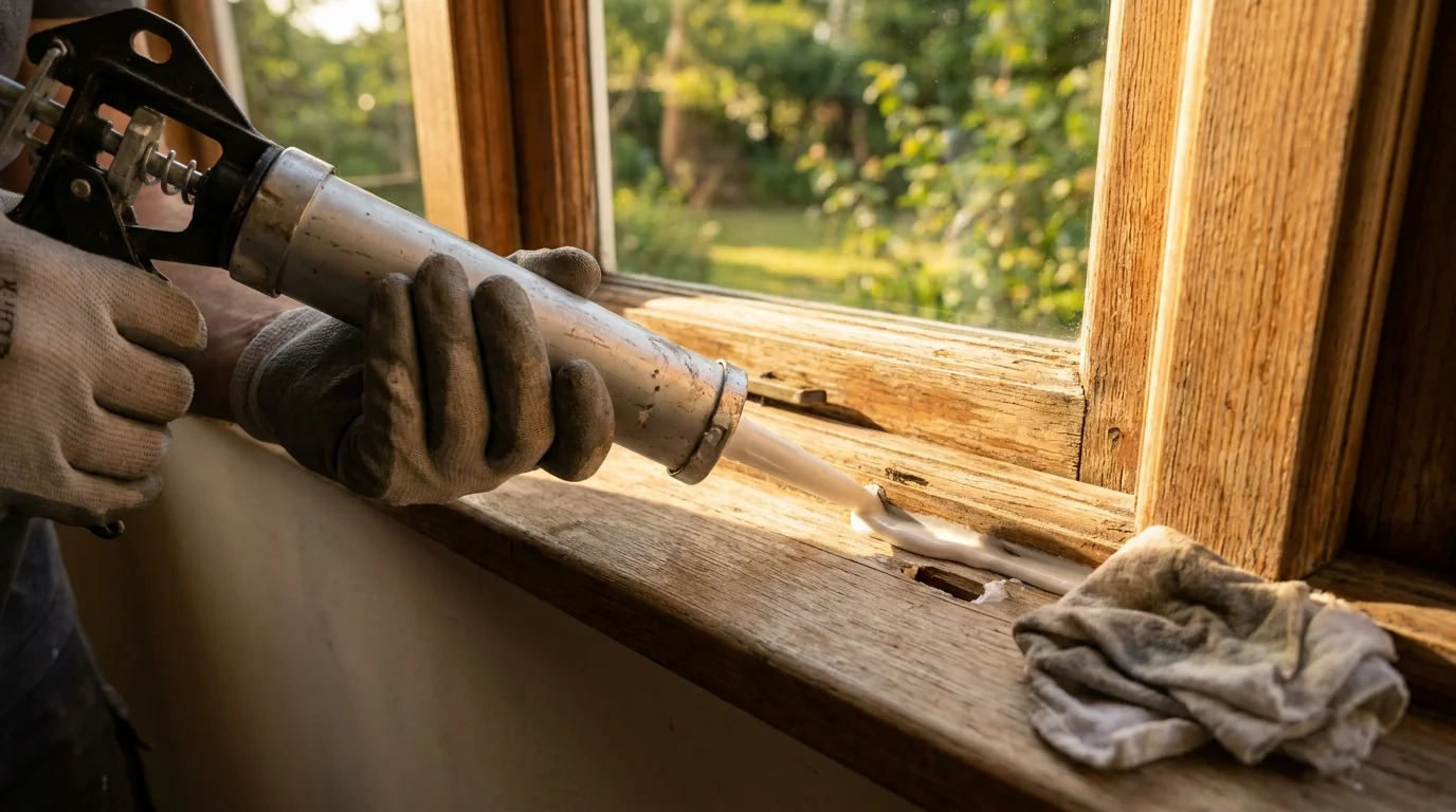 A close-up shot of a hand sealing a window frame with a caulk gun to prevent air and moisture leaks.