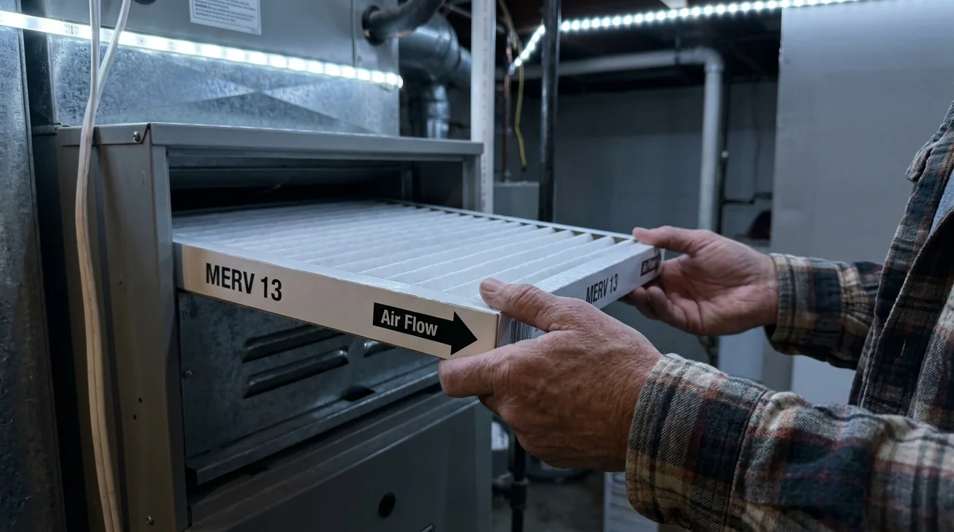 A close-up shot of hands installing a high-efficiency MERV 13 air filter into a home furnace system.