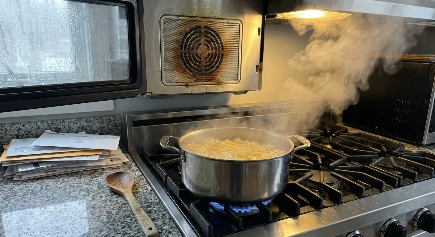 A close-up shot of steam rising from a boiling pot on a gas stove, with a recirculating microwave fan above it.