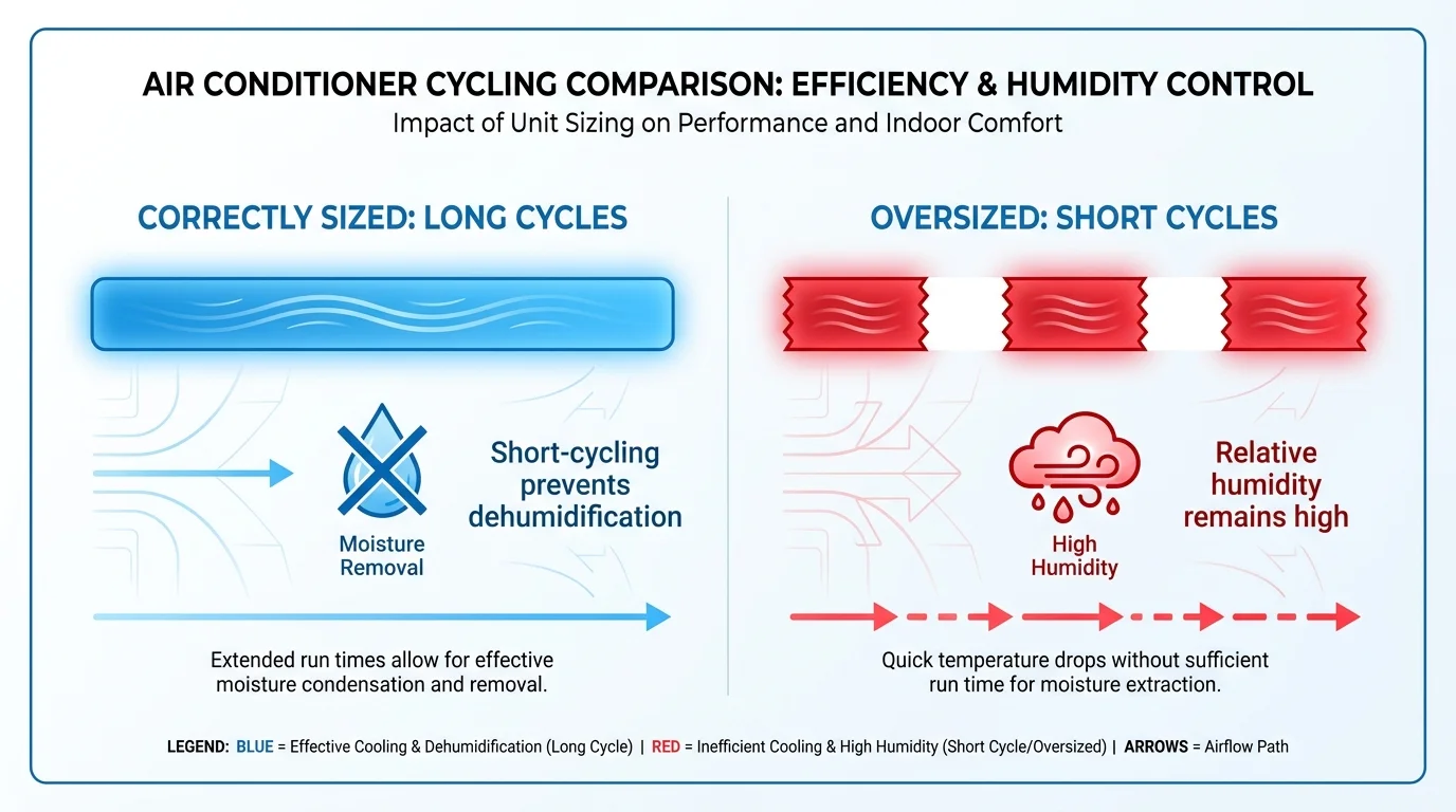 A comparison diagram showing how long AC cycles remove moisture, while short cycles from oversized units leave air humid.