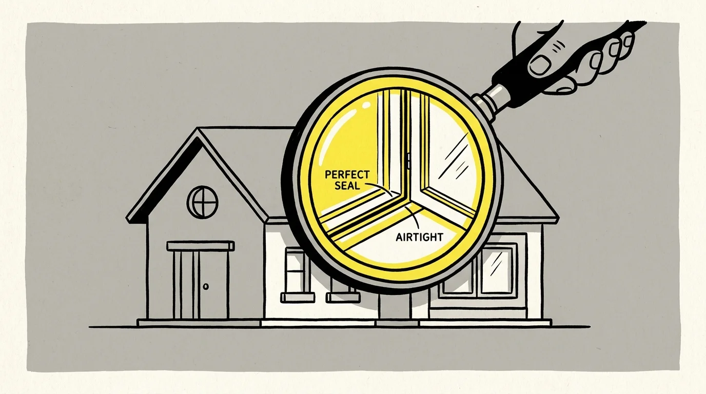 A conceptual illustration of a magnifying glass inspecting the seals and edges of a house for air leaks.