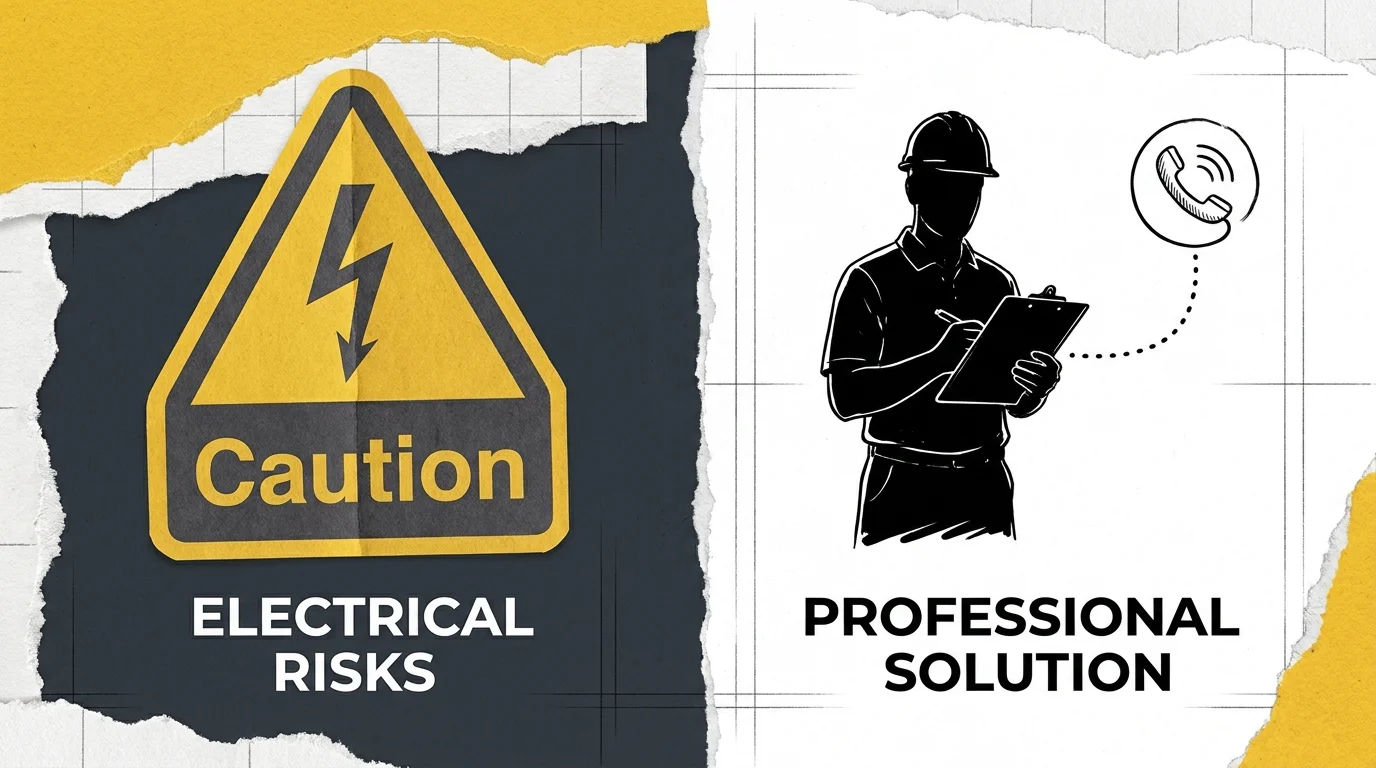 A conceptual illustration showing safety hazard symbols and a specialist technician for professional HVAC repair.