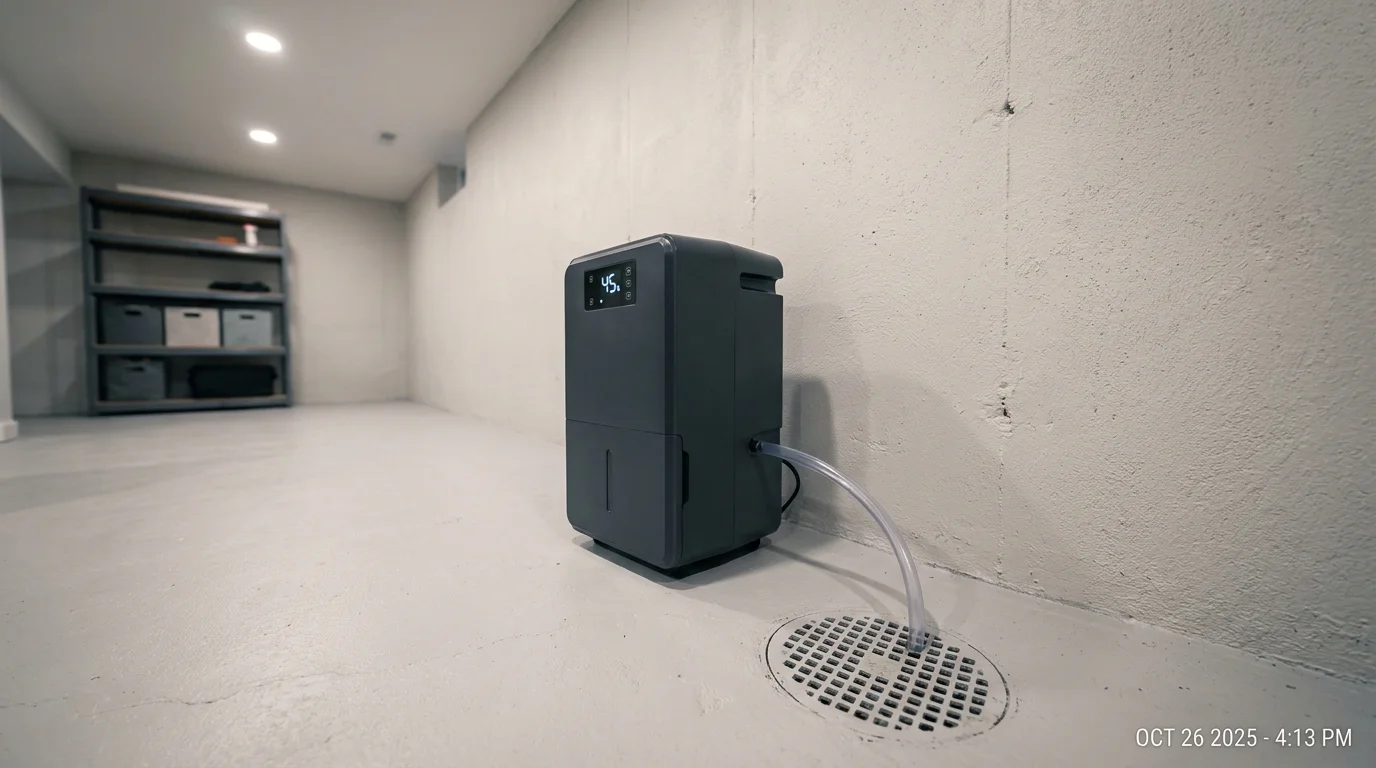 A dehumidifier in a basement with a drainage hose, maintaining a steady 45 percent humidity level.