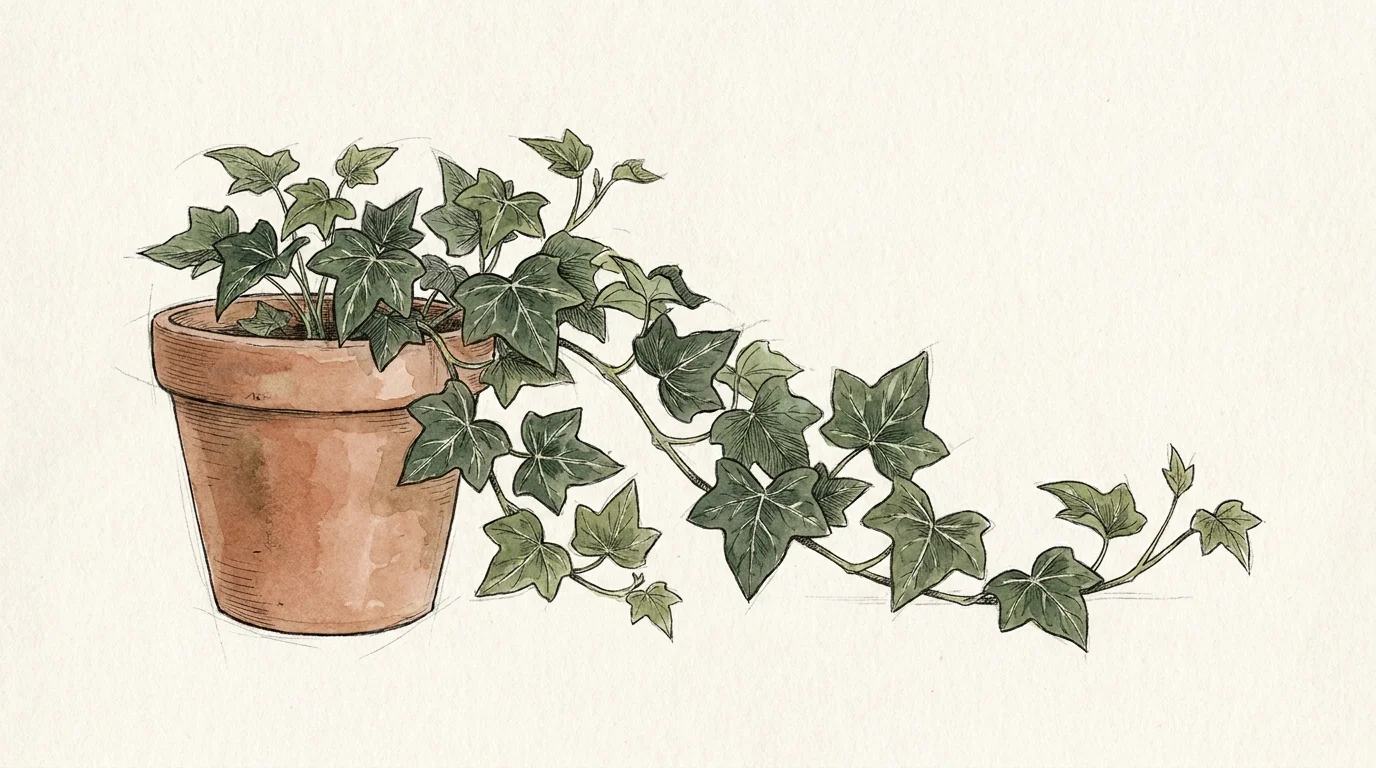 A detailed watercolor and ink sketch of English Ivy with trailing vines and deep green leaves.