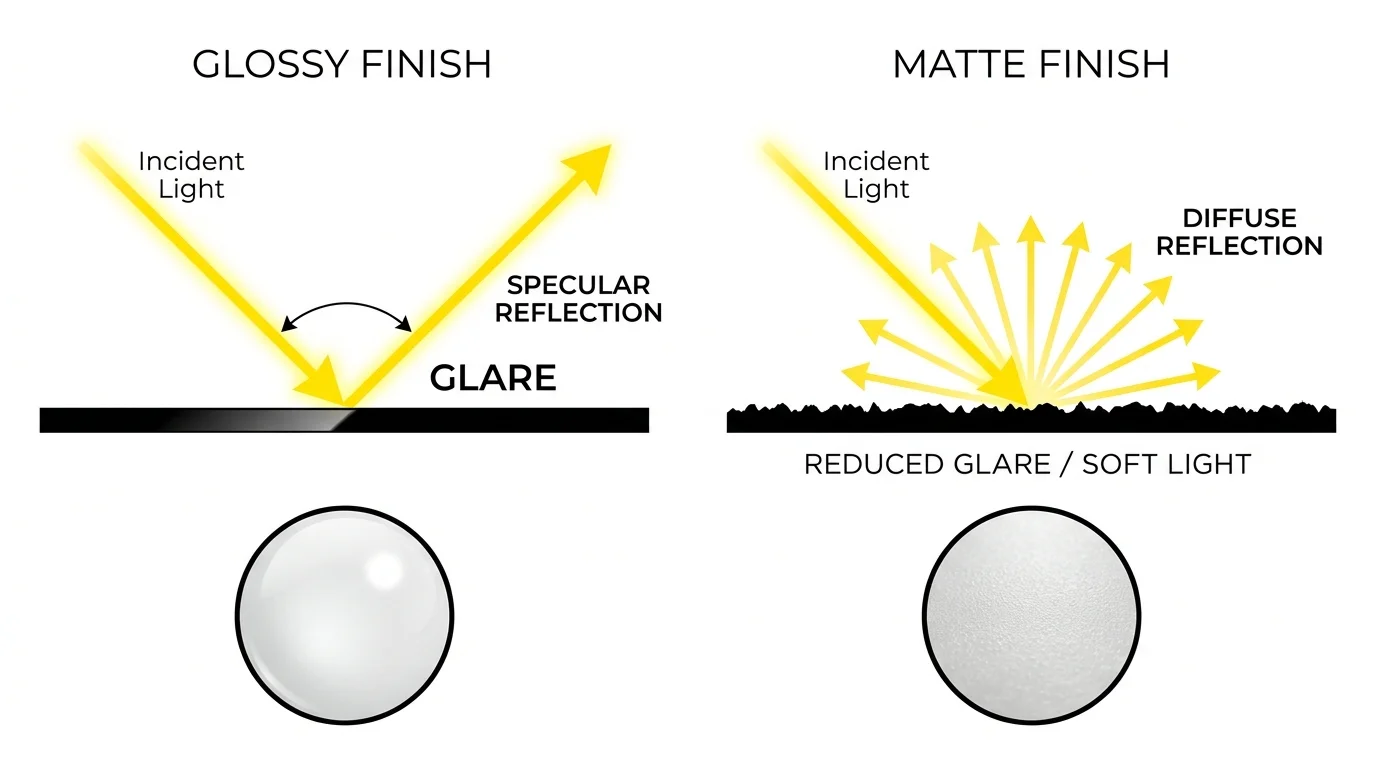 A diagram comparing specular reflection on glossy surfaces versus diffuse reflection on matte surfaces.